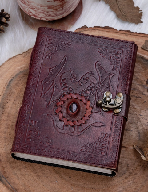 Leather Notebook - Dragons with Stone - Dark Red Leather