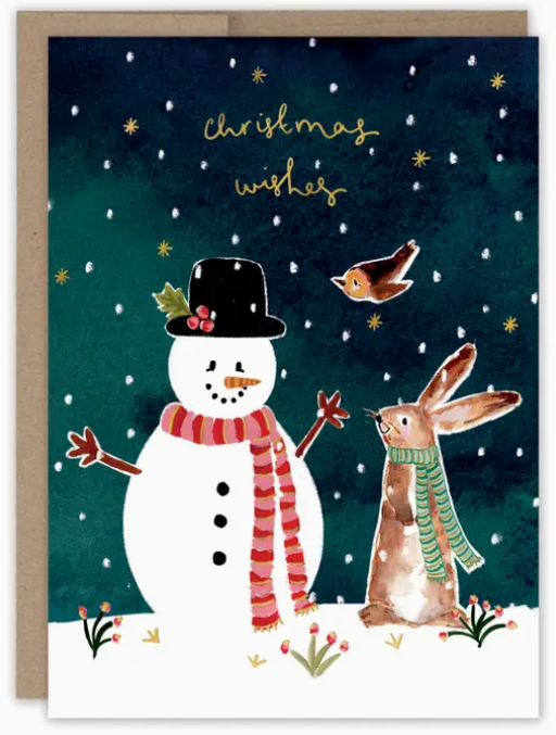 Snowman and Bunny Christmas Wishes Holiday Card
