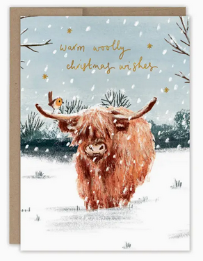 Highland Cow Woolly Wishes Christmas Holiday Card