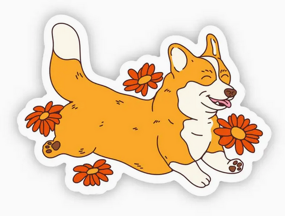 Corgi Dog Frolicking Through Flowers Sticker