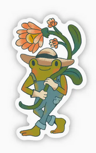 Frog in Overalls Hugging Flowers Stickers