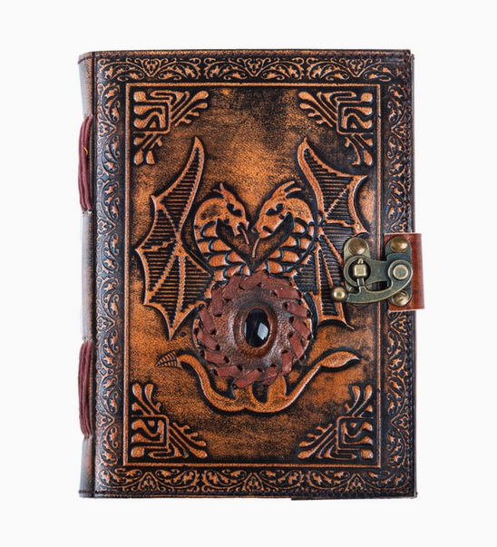 Leather Notebook - Dragons with Stone - Rust Coloured Leather